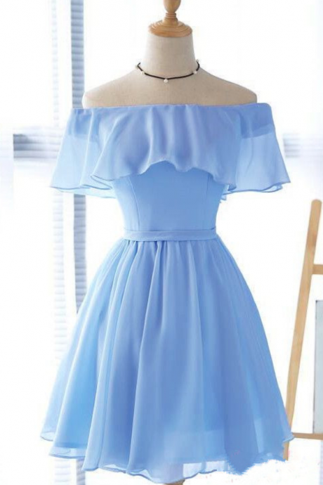 Cute Blue Short Bridesmaid Dress, Off Shoulder Prom Dress
