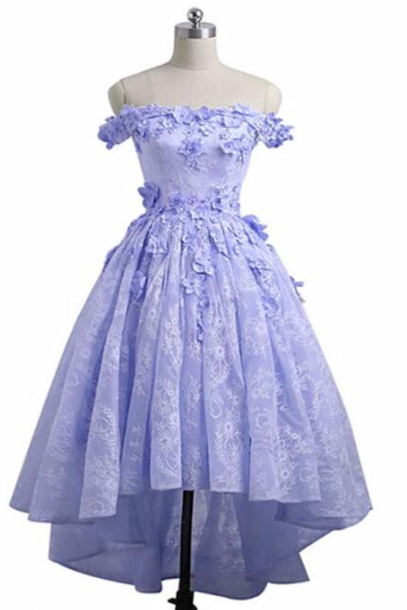 Lavender High Low Lace Party Dress, Cute Off Shoulder Prom Dress