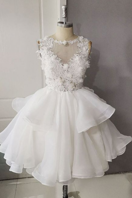 White Round Neck Tulle Lace Short Prom Dress, White Lace Homecoming Dress