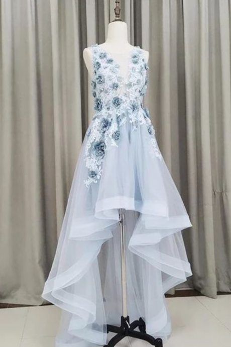 Light Blue Tulle Flowers High Low Party Dress