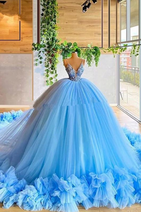Sky Blue Tulle Puffy Prom Ball Dresses 2021 Spaghetti Straps Plus Size Formal Evening Occasion Gowns Custom Made