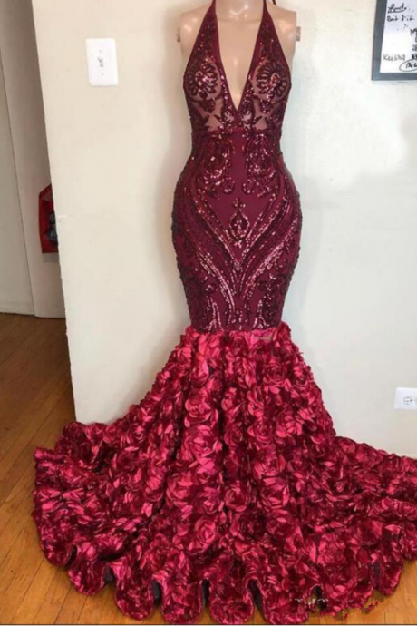 Burgundy Mermaid Prom Dresses Long 2020 Real Sample Sparkly Sequin Top V-neck With Halter 3d Flowers Backless Evening Dresses
