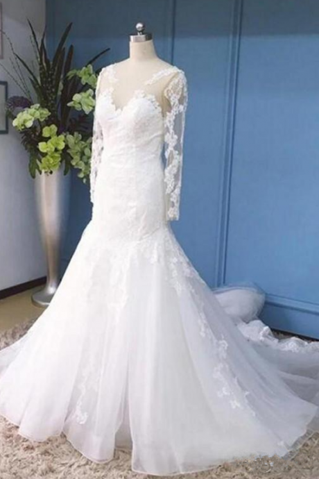 Vintage Mermaid Wedding Dresses Long Sleeves Lace Illusion Bodice Sheer Neck Chapel Train Custom Made Bridal Wedding Gowns