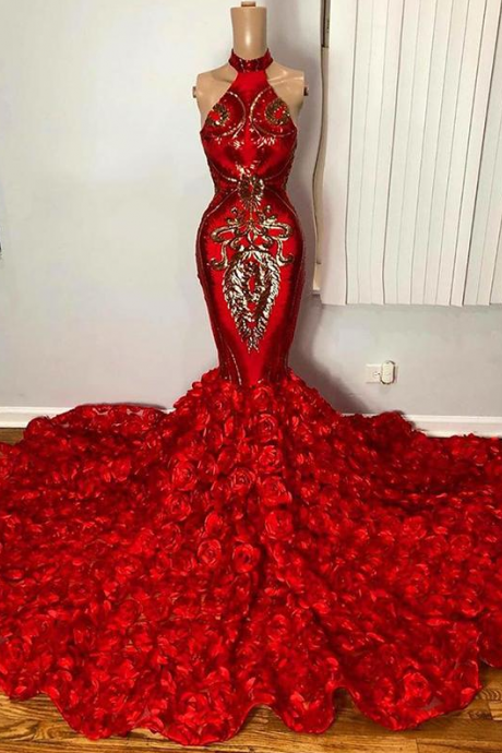 Elegant Red Mermaid Prom Dresses For Black Girl Africa Sparkly Gold Sequin Applique 3d Floral Formal Evening Gown Vestidos