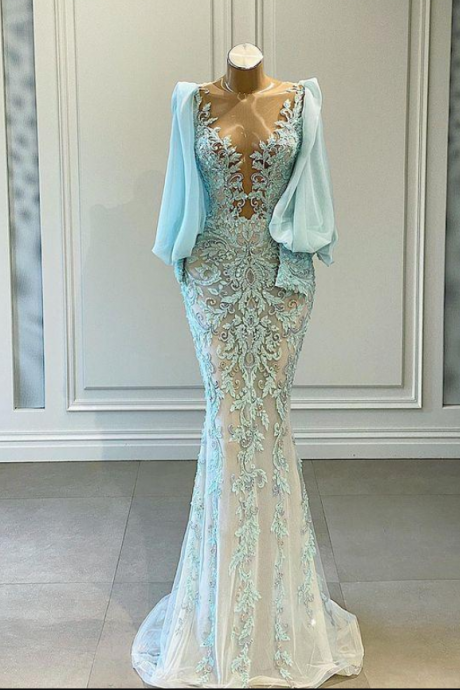 Plus Size Arabic Aso Ebi Mermaid Lace Beaded Prom Dresses Sheer Neck Long Sleeves Evening Formal Party Second Reception Gowns 