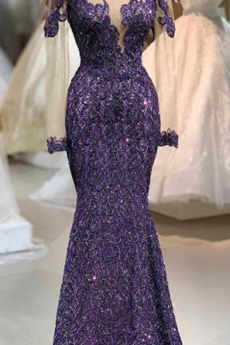 Purple Mermaid Evening Dresses Luxury Long Sleeves Lace Appliqued Prom Gown Vintage Plus Size Arabic Formal Party Gown