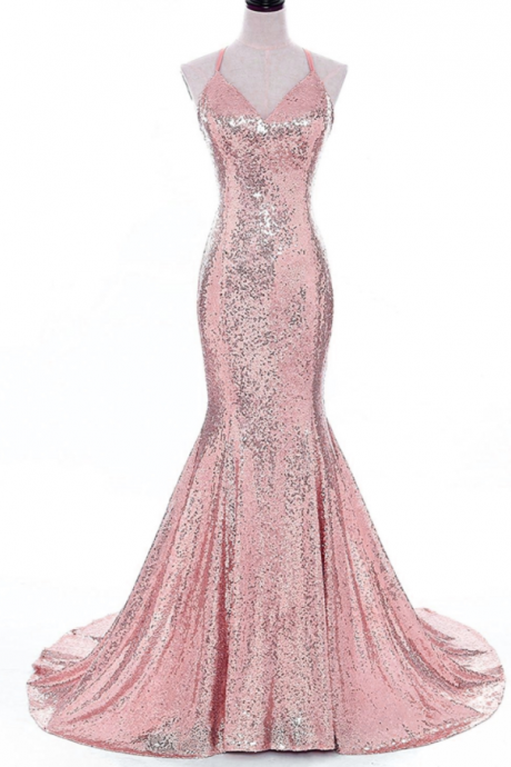 Pink Sequins Halter Long Mermaid Shinny Prom Dresses Pink Party Gowns, Sequins Party Dresses