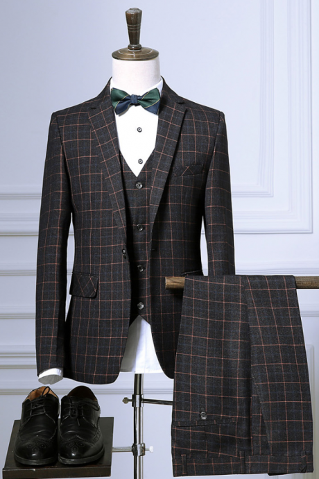 Blazers Pants Vest Sets / 2022 Spring Autumn Fashion Suits / Men&amp;#039;s Casual Business Plaid 3 Piece Suit Jacket Coat Trousers