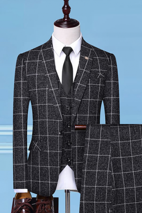 Men's Suit 2022 New Fashion Plaid Slim Fit Mens Suits Wedding Groom Dress Elegant 3 Piece Checkered Suit Set (Coat+ Vest+ Pants)