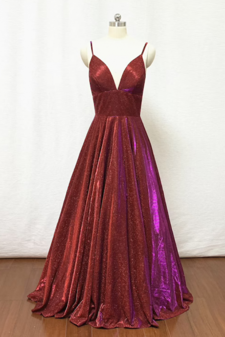 Bridesmaid Dresses,spaghetti Straps Burgundy Glitter Long Prom Dress Ball Gown