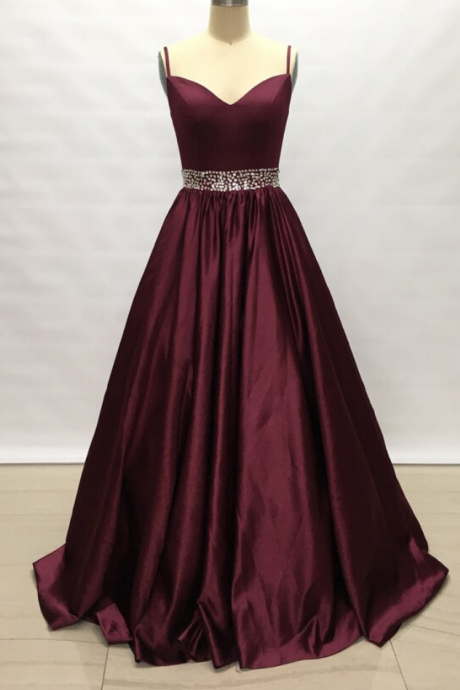Prom Dresses,spaghetti Straps Burgundy Satin Long Prom Dress Beaded Belt