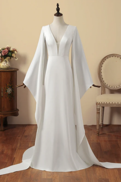 Prom Dresses,selegant Memaid Prom Dress Long Deep V-neck Wedding Dress Evening Gown Italian Satin Formal Occation Dress Long Sleeves Bridal Dress