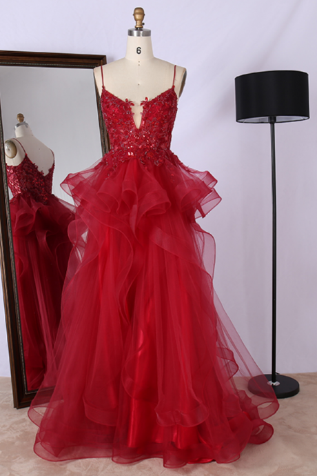  Prom Dresses,Fancy v neck spaghetti strap beaded appliques sexy women ball gowns prom dress