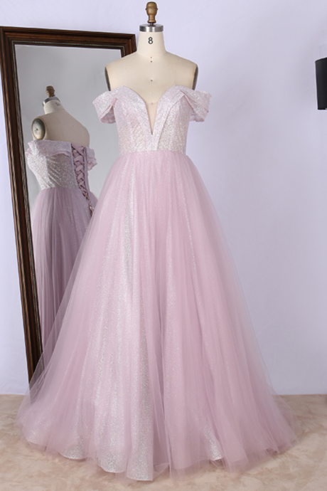 Prom Dresses,2022 Arrivals V Neck Off The Shoulder Glitter Lace Up Long Elegant Prom Dresses