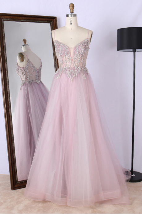 Prom Dresses,Fancy tulle beading spaghetti strap sweep train elegant long special occasion prom dresses