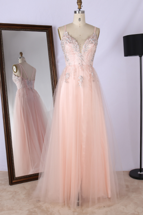 Prom Dresses,Promotional tulle handmade floral embroidery v neck spaghetti strap backless elegant women long prom dress