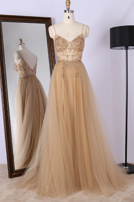 Prom Dresses,Customized V neck spaghetti strap handmade embroidery tulle beaded long sexy girls prom dresses