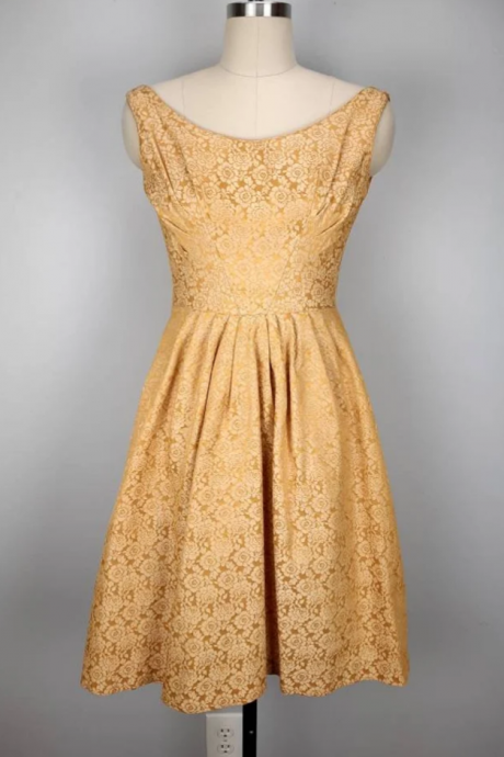 Homecoming Dresses,vintage Goldenrod Brocade Fit And Sleeveless Cocktail Dress