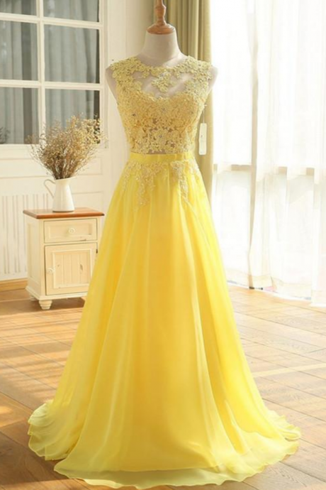 Prom Dresses,Yellow Chiffon and Lace A-line Prom Dress, Long Formal Gowns