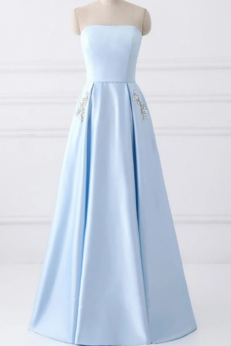 Prom Dresses,Elegant Beaded Pockets Strapless Long Prom Dress