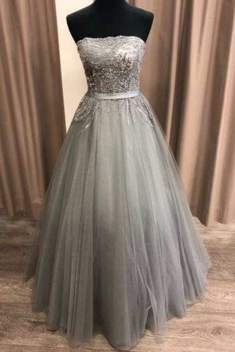 Prom Dresses,elegant Strapless A Line Tulle Long Prom Dress, Beaded Evening Dress