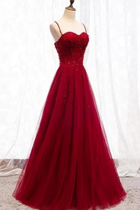 Prom Dresses,tulle Beaded A-line Prom Dress, Spaghetti Straps Evening Dress