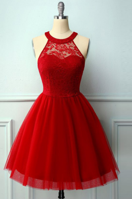Homecoming Dresses,halter Neck Sleeveless Lace Prom Gown A-line Tulle Knee-length Party Dresses Graduation Gowns Cocktail Dress