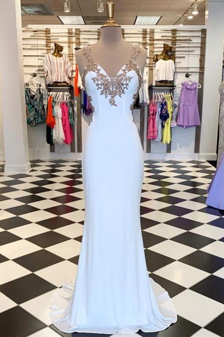 Prom Dresses,white Prom Dress Lace Appliques Bead Long Prom Dresses Charming Backless Formal Party Gown