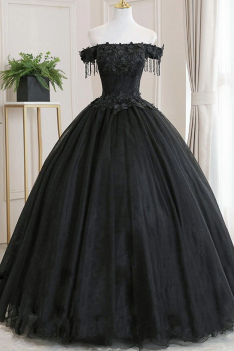 Prom Dresses,black Tulle Off Shoulder Lace Long Prom Dress, Black Evening Dress