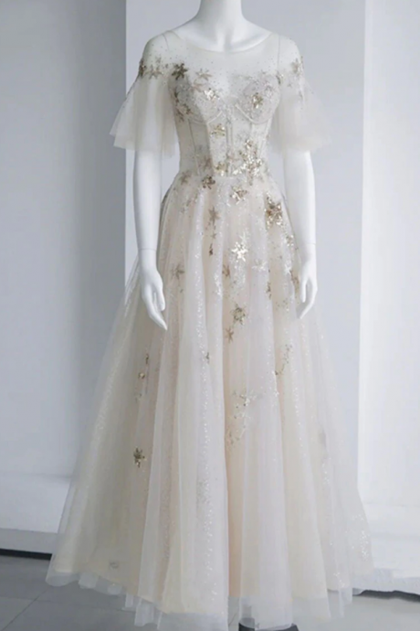 Prom Dresses,tulle Sequin Tea Length Prom Dress, Tulle Formal Dress