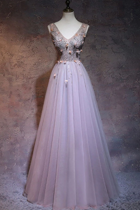 Prom Dresses, Simple V Neck Beads Tulle Long Prom Dress, Evening Dress