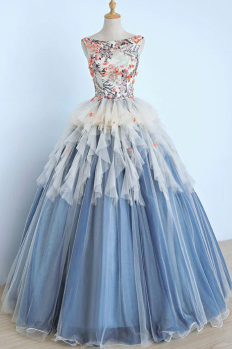  prom Dresses, Unique round neck tulle lace applique long prom dress