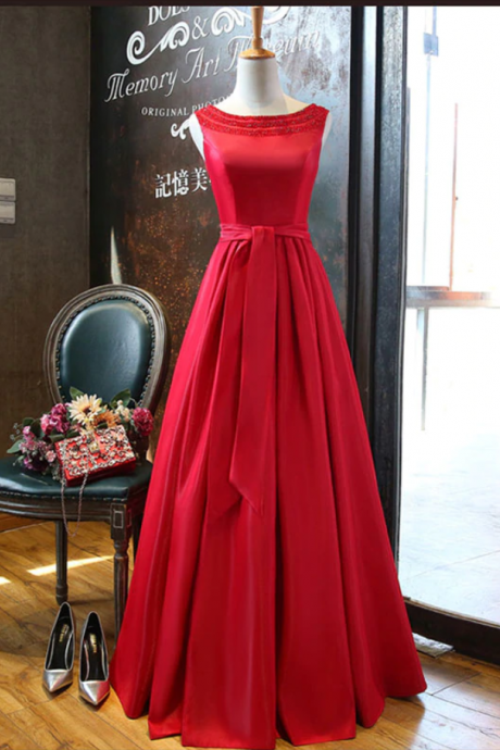 Prom Dresses, A Line Satin Beading Long Prom Dress, Evening Dress