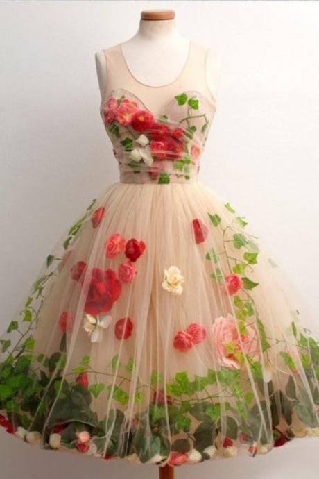Homecoming Dresses,tulle Short Homecoming Dress A-line Scoop With 3d Florals