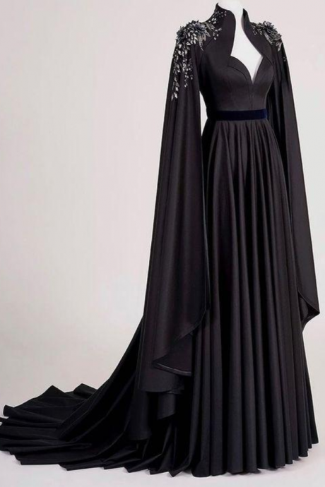  Prom Dresses,Gorgeous Evening Dresses With Long Sleeves Hand Made Flower Beads Prom Pageant Gown Robe De Mariée Customize Sweep Train Formal Black Party Gowns