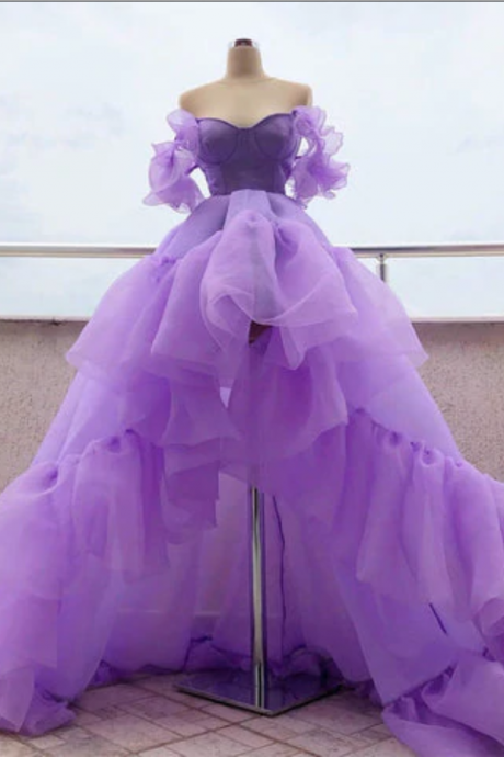 Prom Dresses,high Low Puffy Sleeves Tulle Prom Dress