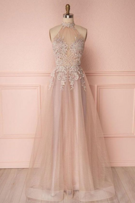 Prom Dresses,lace Applique Tulle Long Prom Dress, Tulle Evening Dress