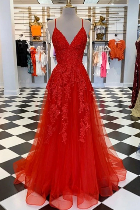 Prom Dresses,a Line Spaghetti Straps V Neck Lace Long Prom Dress, Lace Formal Dress, Evening Dress