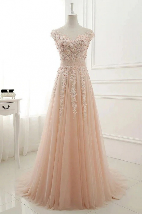 Prom Dresses,a Line Sheer Neck Cap Sleeves Tulle Prom Dresses, Lace Appliqued Long Formal Dresses