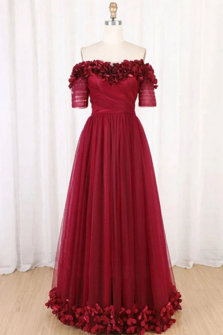 Prom Dresses,Off Shoulder Floor Length Tulle Prom Dress with Applique, A Line Tulle Evening Dress