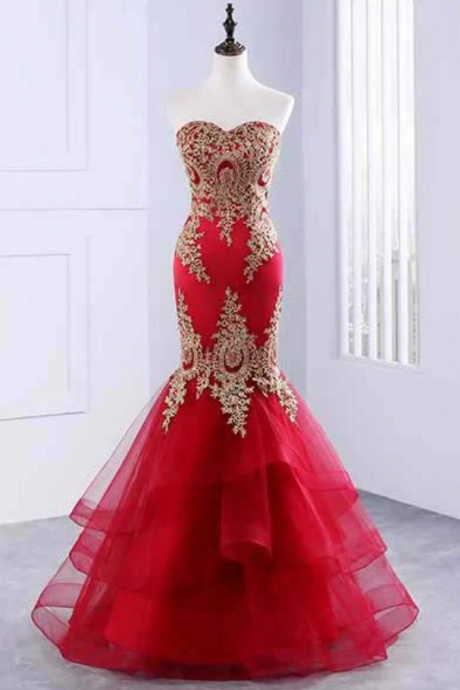 Prom Dresses,Floor Length Sweetheart Mermaid Prom Dress, Appliqued Long Evening Dress