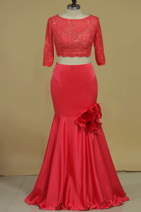 Prom Dresses,two-piece Bateau Mermaid Prom Dresses Satin With Beads And Handmade Flowers