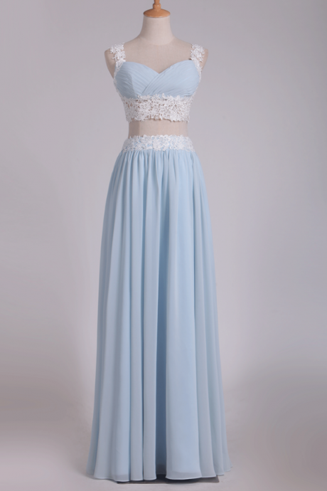 Prom Dresses,Two-Piece Spaghetti Straps A Line With Applique And Ruffles Chiffon Prom Dresses