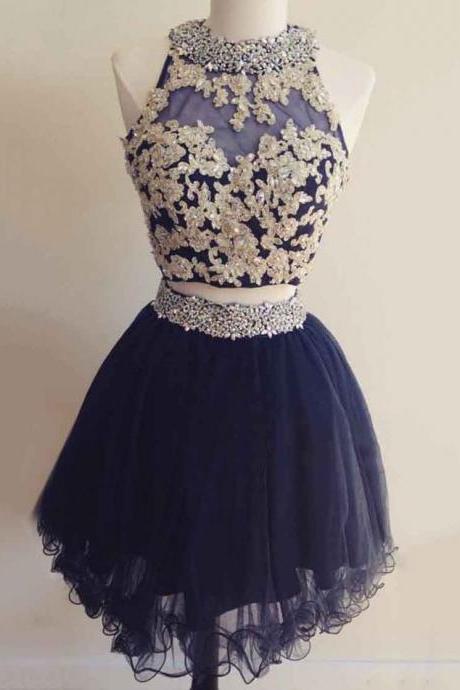  Cute Homecoming Dresses,A-line Prom Dress,Scoop Neck Tulle Homecoming Dressess,Short/Mini Cocktaik Dresses,Beading Homecoming Dresses,Open Back Prom Dress,Two Piece Prom Dresses