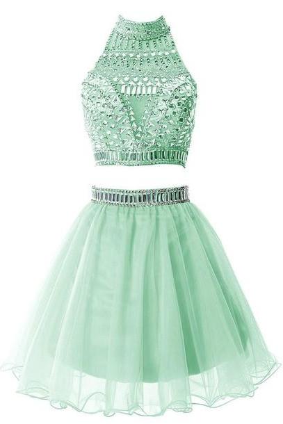 Charming Green Beading Short Homecoming Dress,sexy Halter Evening Dress,sexy Backless Chiffon Prom Dress