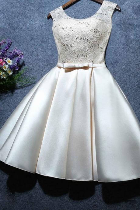 Cute Satin And Lace Round Neckline Lace-up Teen Formal Dress, Lovely Formal Dresses