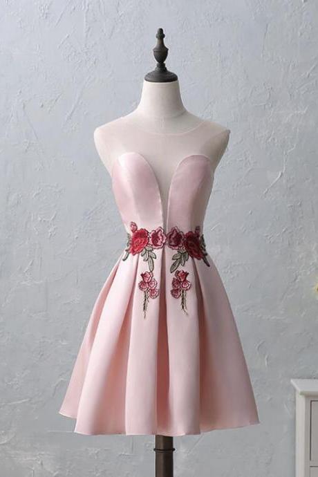 Short Satin And Flower Embroidery Homecoming Dress, Party Dress, Short Formal Dress