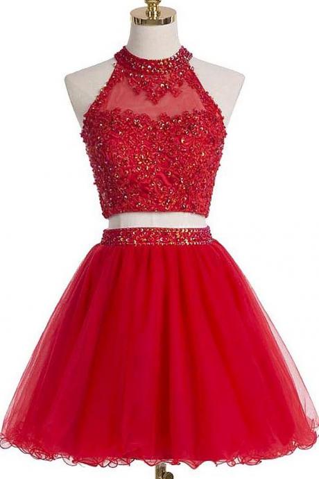 Two-piece Homecoming Dress Featuring Beaded Embellished High Halter Crop Top With Keyhole Back And Short Tulle A-line Skirt