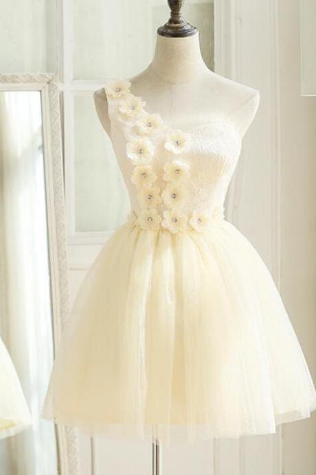 Cute Tulle One Shoulder Party Dress with Flowers, Cute Formal Dress, Teen Girls Dresses