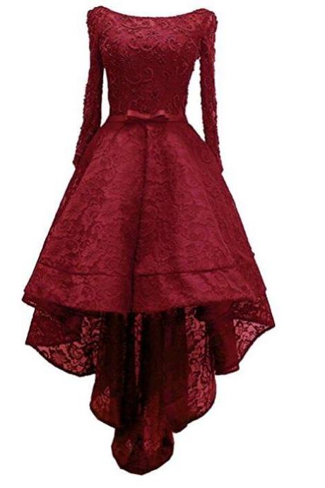 Dark Red Lace Long Sleeves Prom Dress With Beads, High Low Party Dresses, Lace-up Low Back Formal Gowns